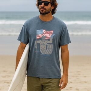 Y2K Cova‎ Blue Merman American Flag Basic Tee Comfort Surfer Lounge Men's S